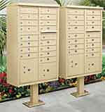 Our Commercial Mailboxes are made of heavy duty aluminum, U.S.P.S. approved pedestal commercial cluster mail box units feature a durable powder coated finish available in six attractive colors, SANDSTONE, BRONZE, GREEN, BLACK, WHITE or GRAY.Mailboxes are accessed from the front through two easy opening master box door panels.